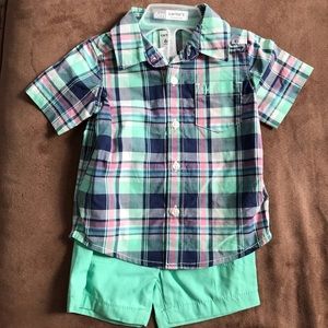 Plaid button down shirt with matching shorts